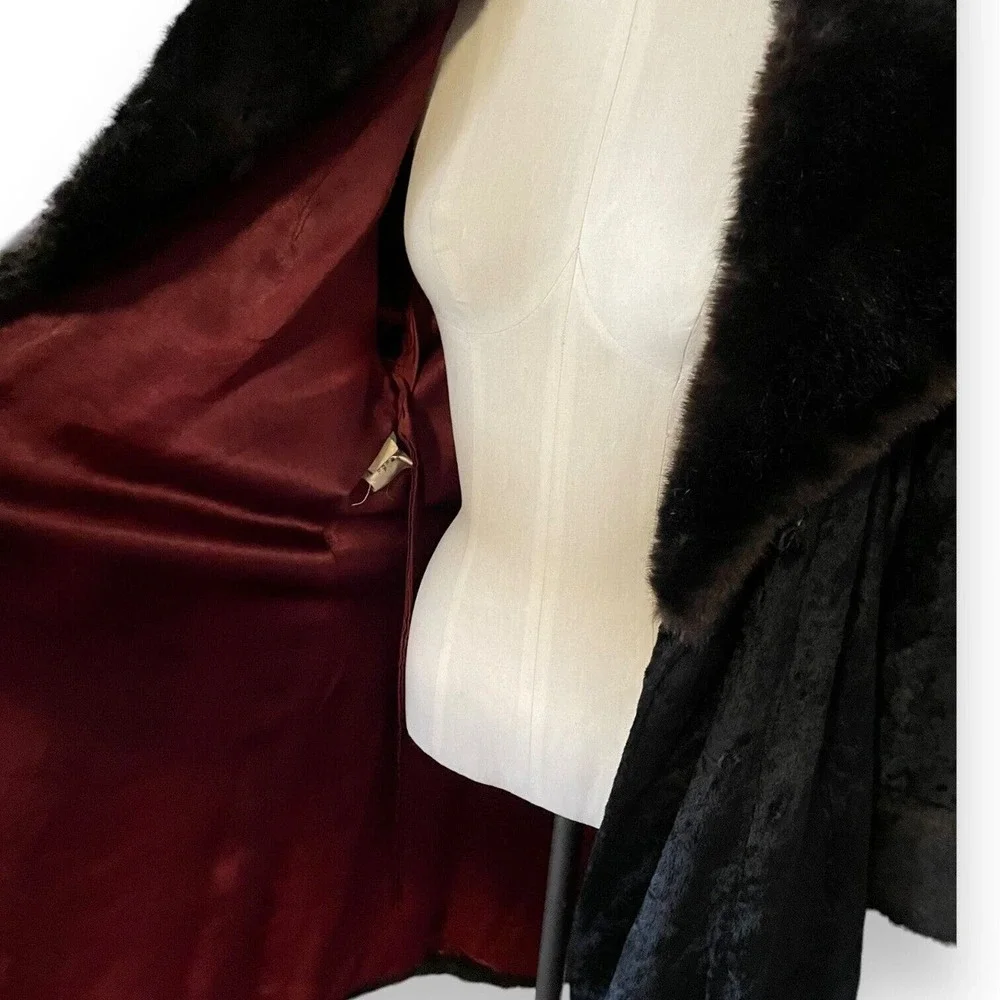 Vintage 60s Rosewin Black Penny Lane Brown Faux Fur Coat Mid Length Jacket
